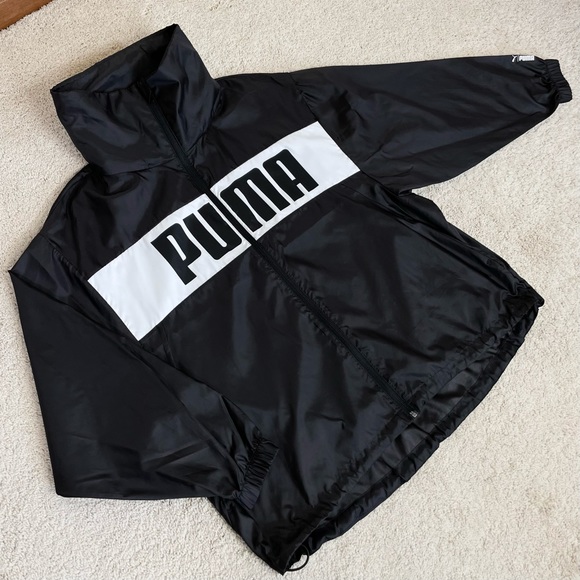 Puma Black White Logo Packable Hood Windbreaker Jacket - Picture 16 of 16